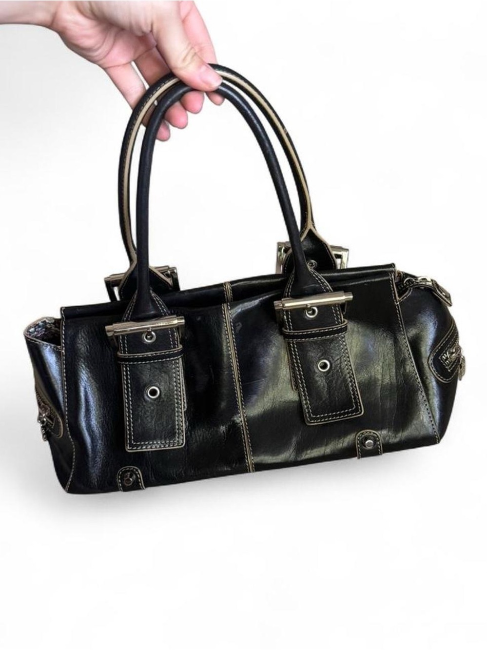 Y2K Maxx New York Black Leather Shoulder Bag‎ with Contrast Stitching